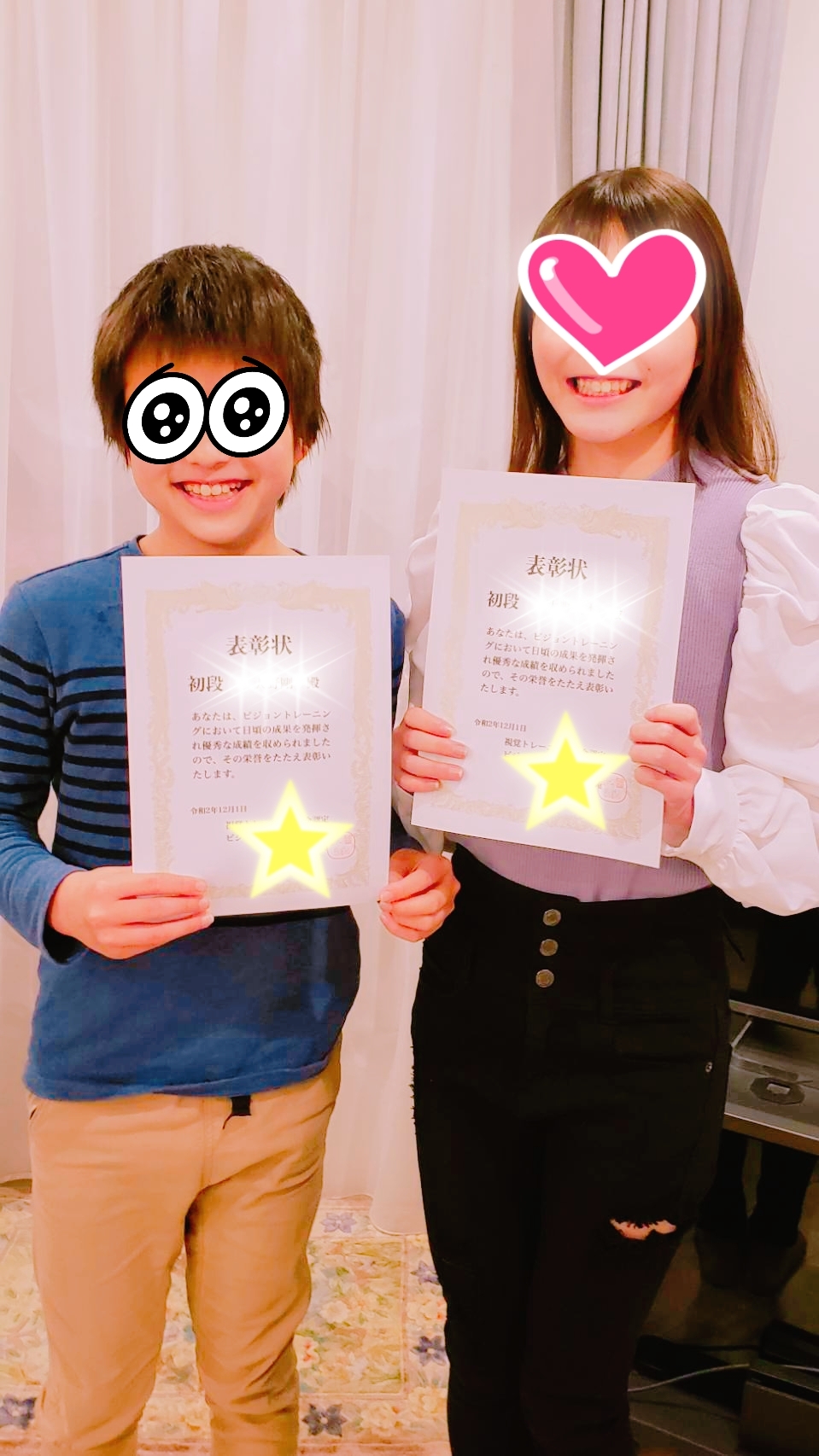 ビジョントレーニングレッスン4年目の中2(Rさん)と小6(Tくん)。苦手だったスポーツが大好きになら、Tくんは情緒が安定して学校の生徒会リーダーに選出。サッカーで三冠王になり成績がアップされました。Rさんは遅かった短距離走が速くなり、長距離までレベルアップ。駅伝選手に選ばれました。塾のテストの成績もアップされたそうです。